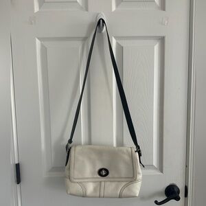 Coach F13085 Hampton Flap Cream with Black Accents Pebbled Leather Bag